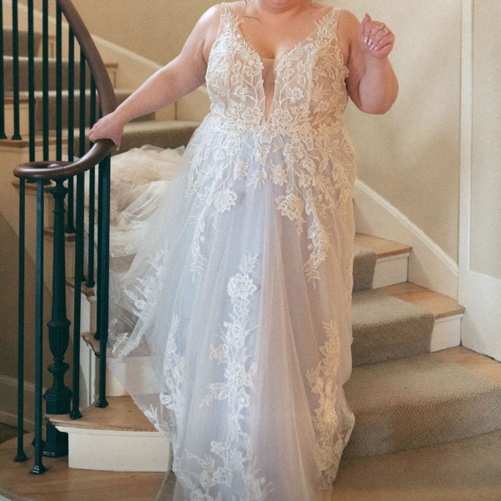 Floral ivory tulle lace periwinkle wedding gown